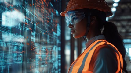 Construction worker analyzing data on a digital screen in a modern industrial environment. Engineering, technology, and safety in the workplace. Innovation and progress.