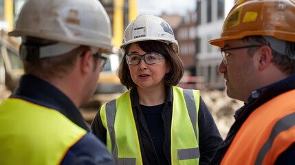 Obraz premium Construction team collaborating on site, discussing project details and safety measures, featuring workers in hard hats and high-visibility vests in urban environment.