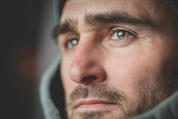 Obraz premium Close-Up Portrait of a Thoughtful Man with Intense Expression and Focused Gaze in Natural Lighting 