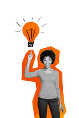 Exclusive art banner collage of happy american girl show index finger bright light bulb diode power...