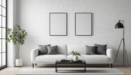 Modern minimalist living room interior with white sofa, decorative cushions, and blank frames on a clean brick wall