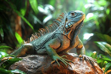 Fototapeta premium Green Iguana Basking on a Rock in Lush Foliage