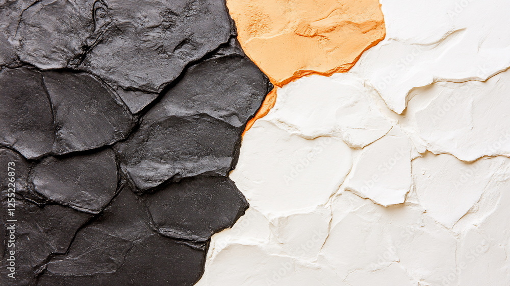 Poster abstract art texture featuring black, white, and orange colors applied with thick layers on a canvas
