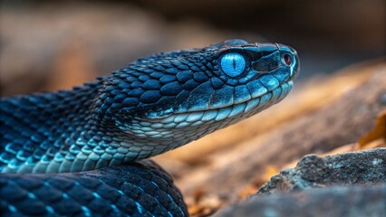 Fototapeta premium Dark blue snake on rocky terrain with sharp gaze