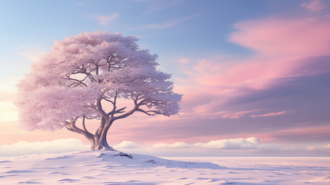 Paysage enneig&eacute;, style et ambiance hivernale. Couleurs rose, mauve de l'aurore, coucher de soleil ou lever de soleil. Arbre, nature. Hiver, froid, vent, soleil. Pour conception et cr&eacute;ation graphique. 