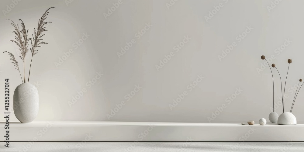 Poster a minimalist design featuring a clean white backdrop, abstract minimalist shapes in muted tones, con