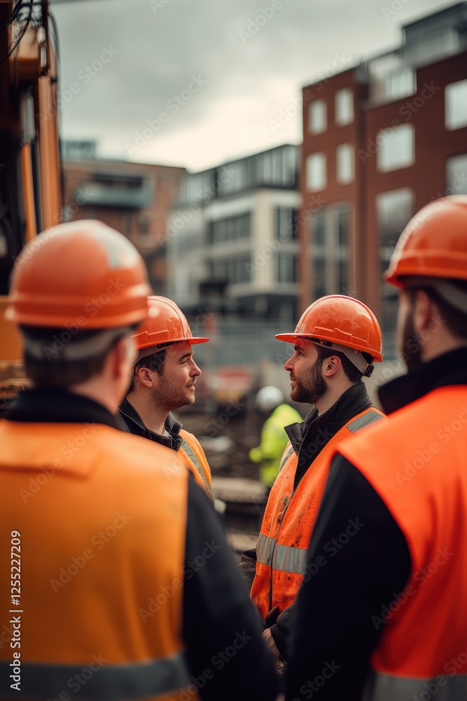 Poster construction workers in safety gear discussing project plans on site, ensuring teamwork and safety p