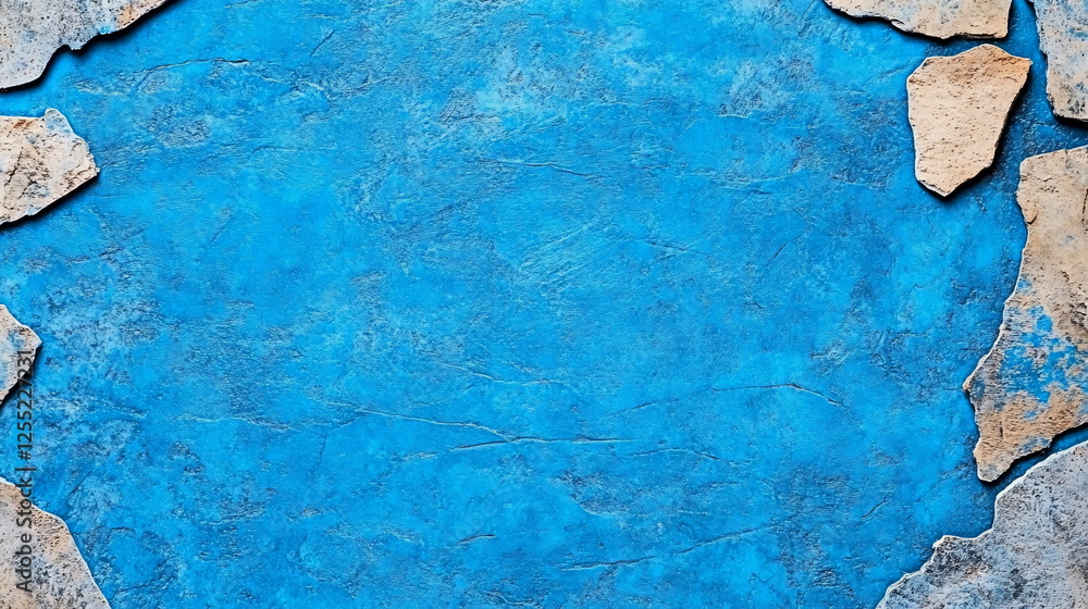 Poster blue textured background surrounded by irregular shaped stone pieces for creative design or art proj