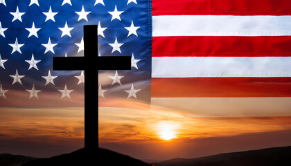 Christian Cross with the American Flag in the background, symbolizing faith and patriotism, with empty space for text or design