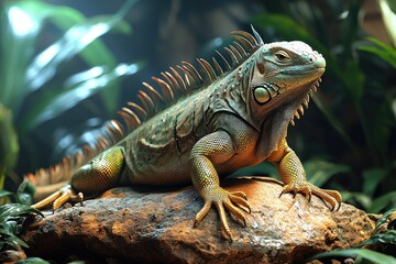 Obraz premium Green Iguana Resting on Rock in Lush Green Surroundings