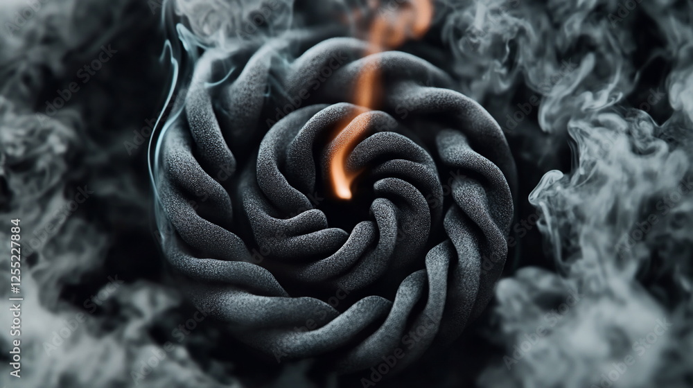 Poster Abstract Black Spiral Form with Smoke and Flame Creating a Mystical Atmosphere in Dark Background