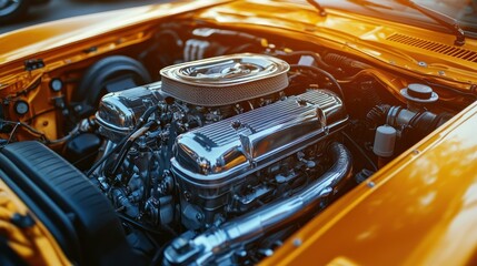 Obraz premium Classic car engine, chrome detail, outdoor show, sunlit