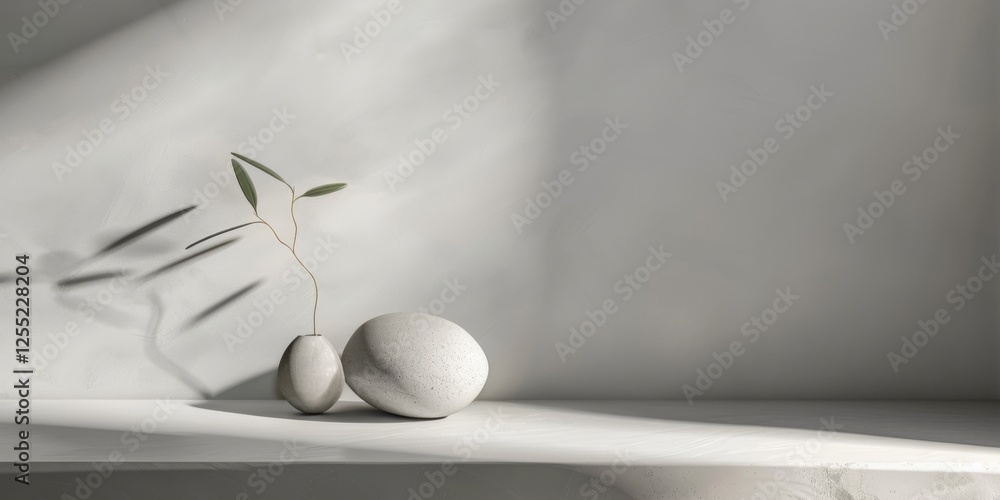 Poster a minimalist design featuring a light pebble gray background, smooth textures and neutral tones, mod