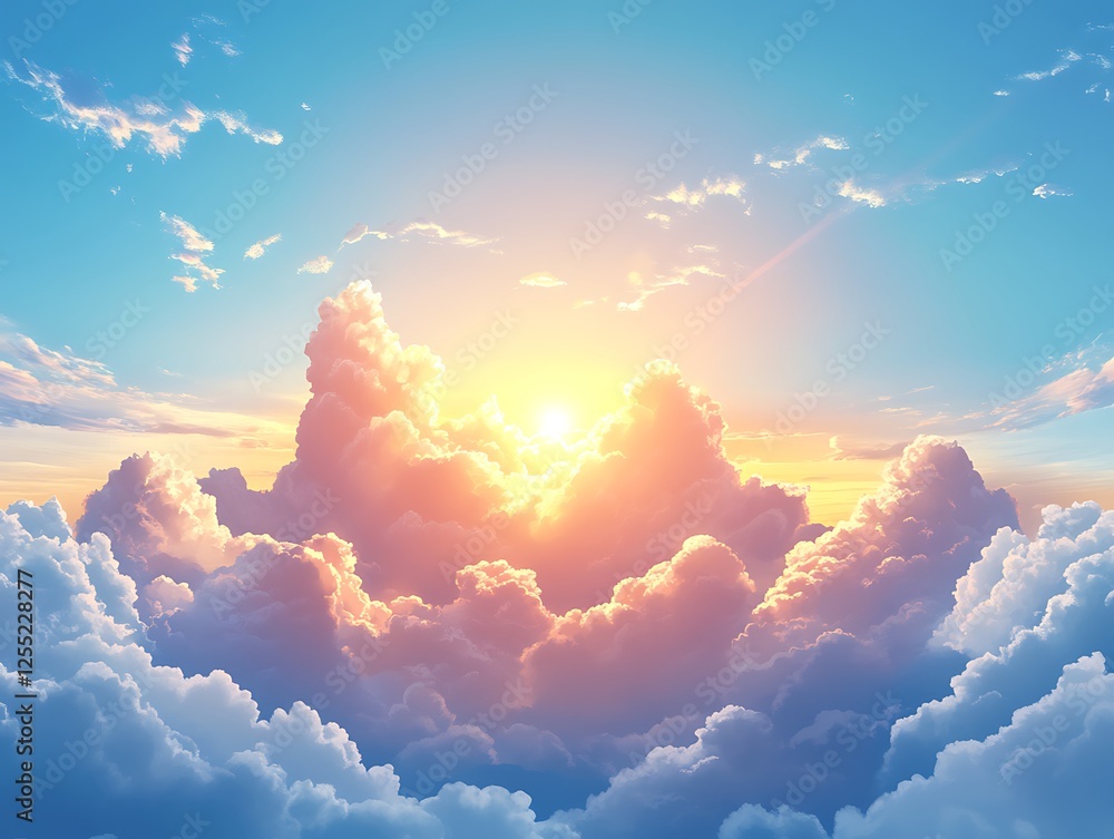 Poster sunrise above clouds; serene sky; inspiring view; digital art; background image