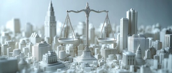 Fototapeta premium Scales of Justice Overlooking a Miniature Cityscape Representing Law and Order