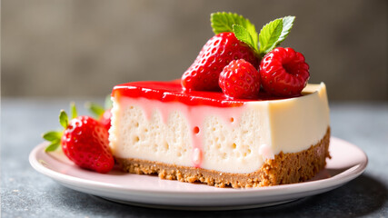 Delicious strawberry cheesecake slice served on a white plate with fresh strawberries on a wooden table