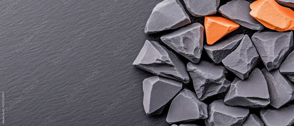 Poster dark slate surface with round arrangement of gray stones and a bright orange element highlighting co