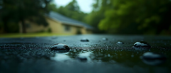 Fototapeta premium Rain drops on asphalt, house background