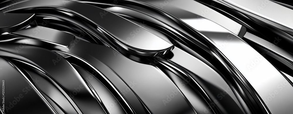 Poster abstract wavy lines of shiny metal surface in black color with reflections and shadows for backgroun