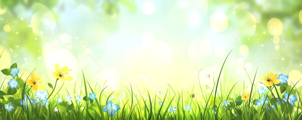 Obraz premium Beautiful spring meadow with yellow and blue wildflowers, lush green grass, a concept banner with copy space, blurred background, detailed, hyper-realistic. 