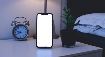 A phone with an alarm clock and a houseplant next to the bed