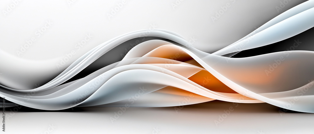 Poster soft flowing waves of white and orange on a subtle grayscale background in abstract design
