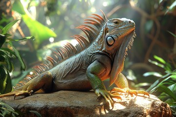 Fototapeta premium Green Iguana Basking In Sunlight Tropical Habitat
