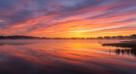 Obraz premium Reflecting Lake Water at Sunrise with Vibrant Colors and Tranquil Mood