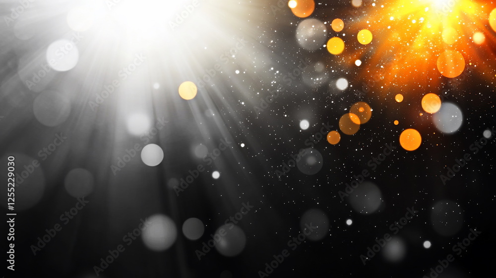 Poster Beautiful Light Rays and Colorful Bokeh Effects on a Dark Background for Creative Design Projects