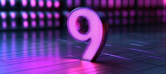 Illuminated Number Nine in Neon Light on a Futuristic Abstract Background for Celebrations