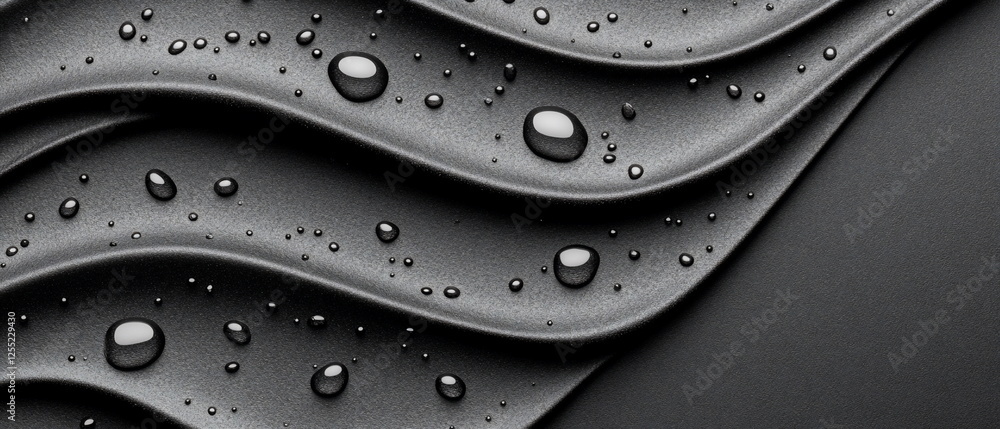 Aufkleber Black Satin Fabric with Water Droplets and Elegant Wave Pattern for Textile and Design Background