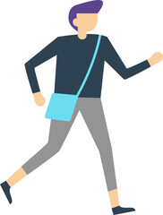 Stylish student running with blue shoulder bag, purple hair, dark blue sweater and gray pants, moving fast and dynamically isolated on white background