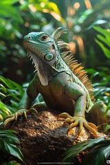 Obraz premium Green Iguana Resting On Rock Amidst Lush Greenery