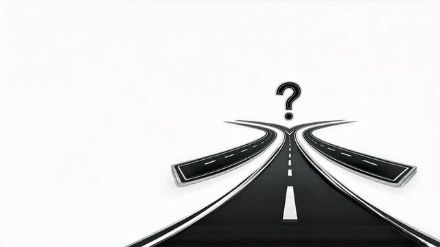 Three roads diverging with a question mark above the center road, symbolizing decision making, uncertainty, and future choices Question mark, confusion, caution, questionnaire,