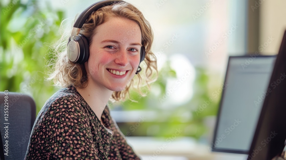 Poster customer service representative wearing headphones, providing support at a desk with computer, ensur