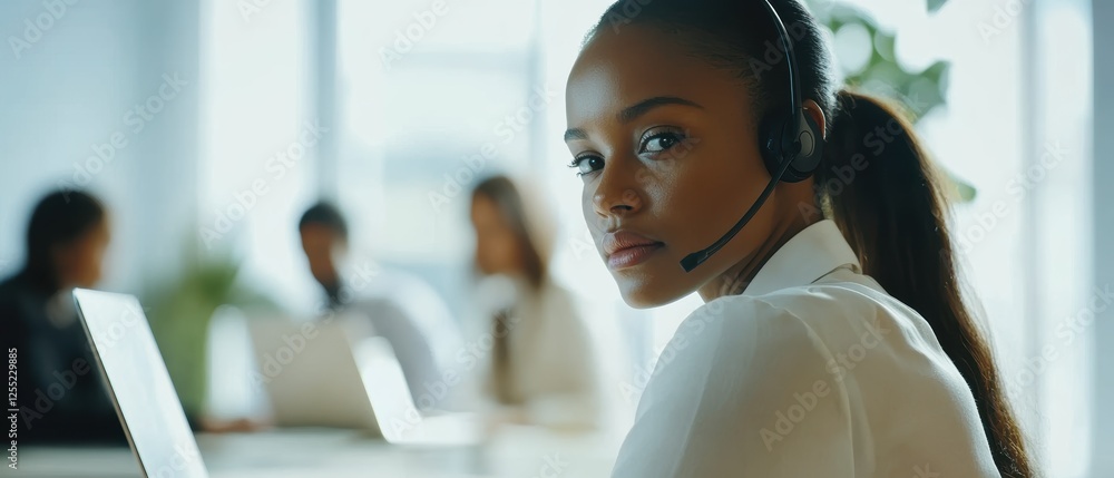 Poster customer service representative working in a modern office, utilizing headsets and computers for eff