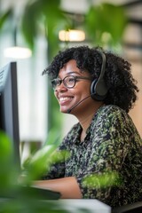 Fototapeta premium Customer service professional using a headset in a modern office, engaged in remote communication, providing support and assistance to clients effectively.
