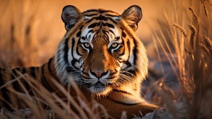Obraz premium Striking Bengal tiger portrait in golden hour light observing its habitat