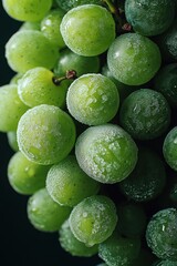 Close-up of fresh green grapes with water droplets on dark background