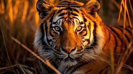 Intense gaze of a bengal tiger amidst sun kissed blades of wild grass