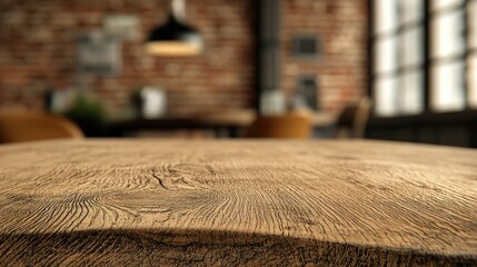 Wooden table in rustic cafe, blurred background
