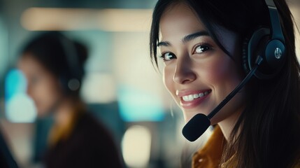 Customer support representative on headset engaging in friendly conversation with client, enhancing communication in a busy call center environment. Teamwork, service quality, and efficiency.