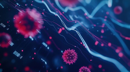Data visualization representing viruses with digital charts, showcasing trends in health, pandemic effects, and technological advancements in medical research.