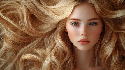 Naklejka premium Close-up portrait of a blonde woman with flowing hair, natural beauty concept, perfect for hair care, fashion, or editorial designs