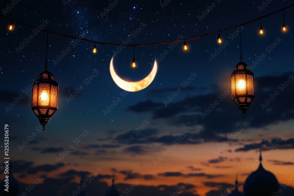 Aufkleber serene evening sky adorned with crescent moon and glowing lanterns, creating a tranquil atmosphere a