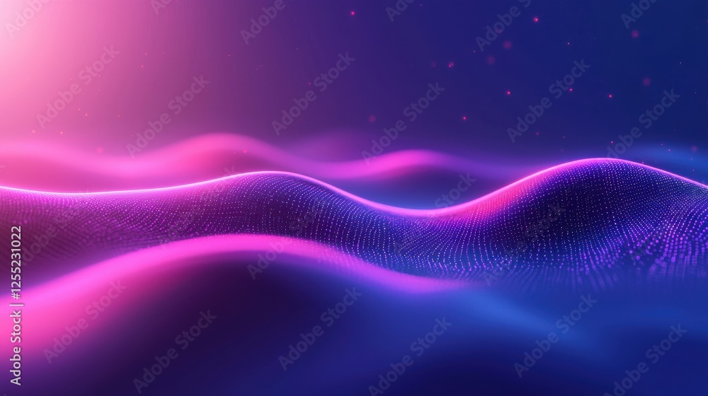 Aufkleber abstract digital art with vibrant pink and blue wavy lines composed of glowing particles and dots, c