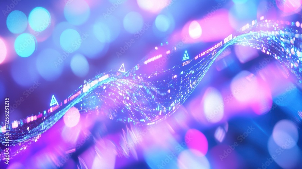 Poster digital abstract background featuring vibrant bokeh lights and flowing waves, representing technolog