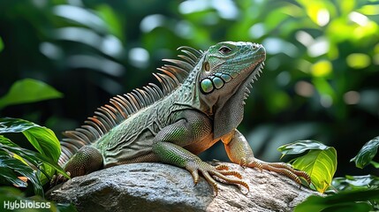 Naklejka premium Green Iguana Basking on Rock in Lush Green Foliage