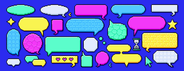Pixel dialogue boxes different shapes set on blue background. Chat speech bubbles, message frames for text or empty dialog communication box in 8bit retro style. Vibrant color pixelated thinking icons