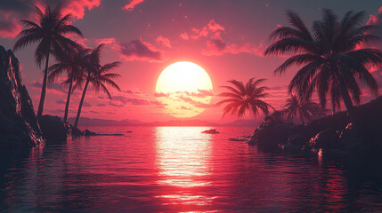 Retro 80s aesthetic sunset with palm trees, vibrant neon colors, geometric shapes, vaporwave style